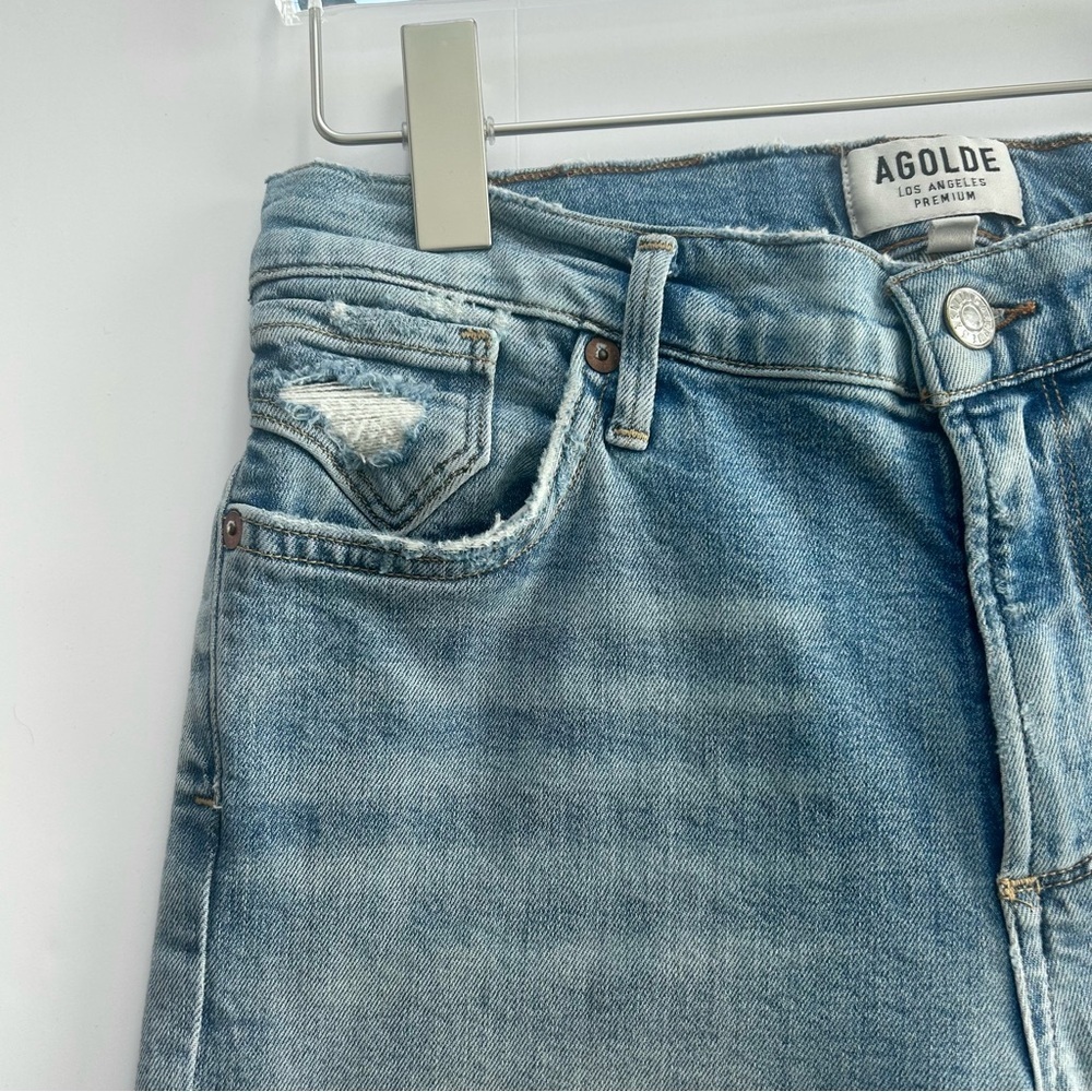 Agolde Sophie Denim Jeans High Rise Cropped Raw Hem Destruct Blue Womens Size 27 - Picture 3 of 16